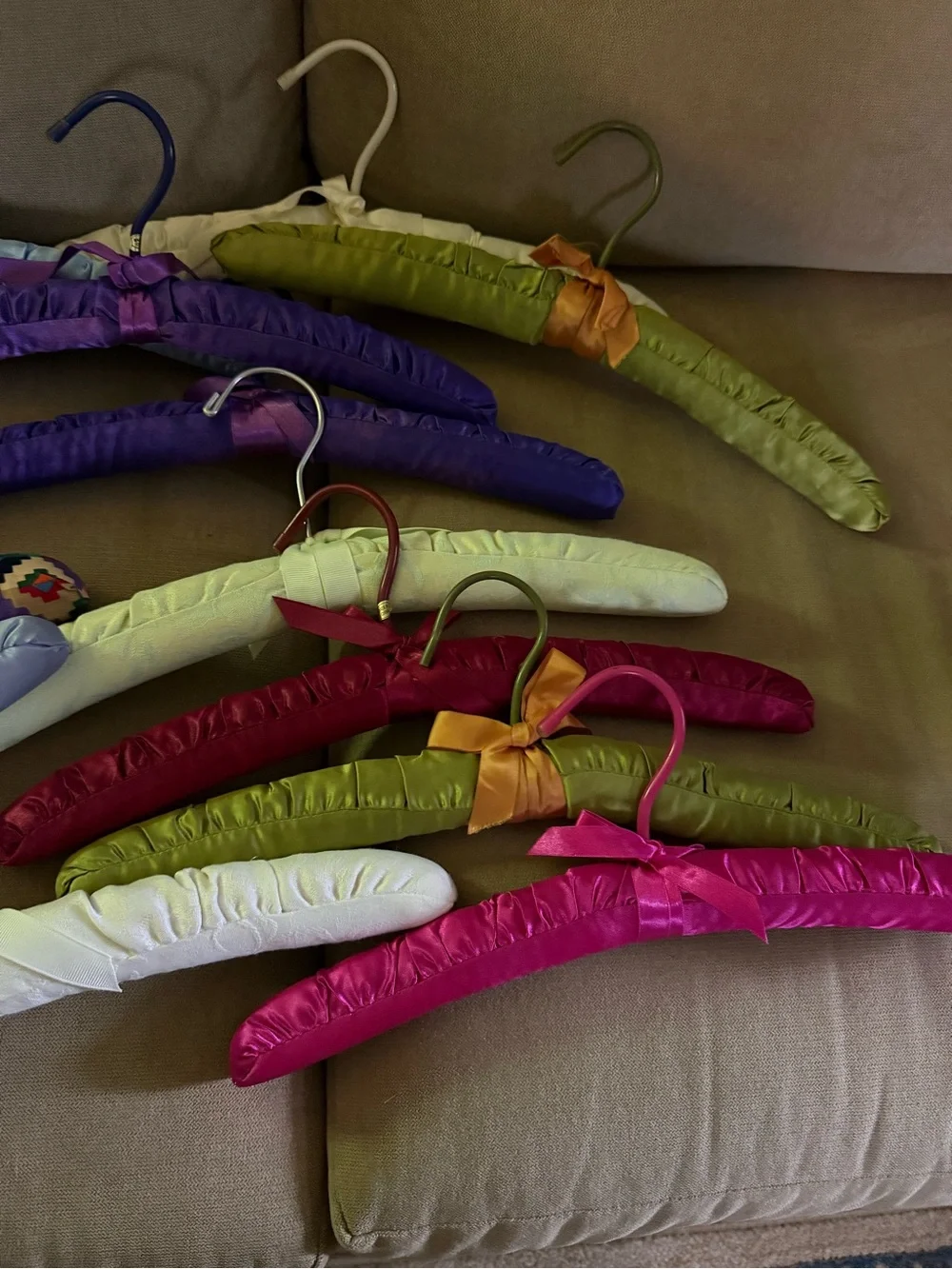 14 Vintage satin Cloth padded hangers various pastel colors patterned designs